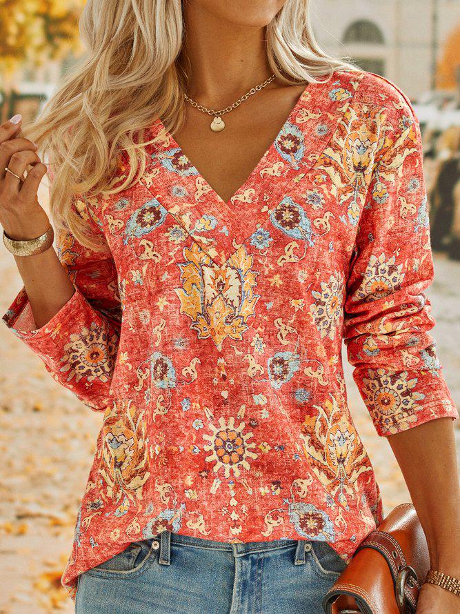 SpringStil® - Boho Zomerbloem Rood V-Hals Top