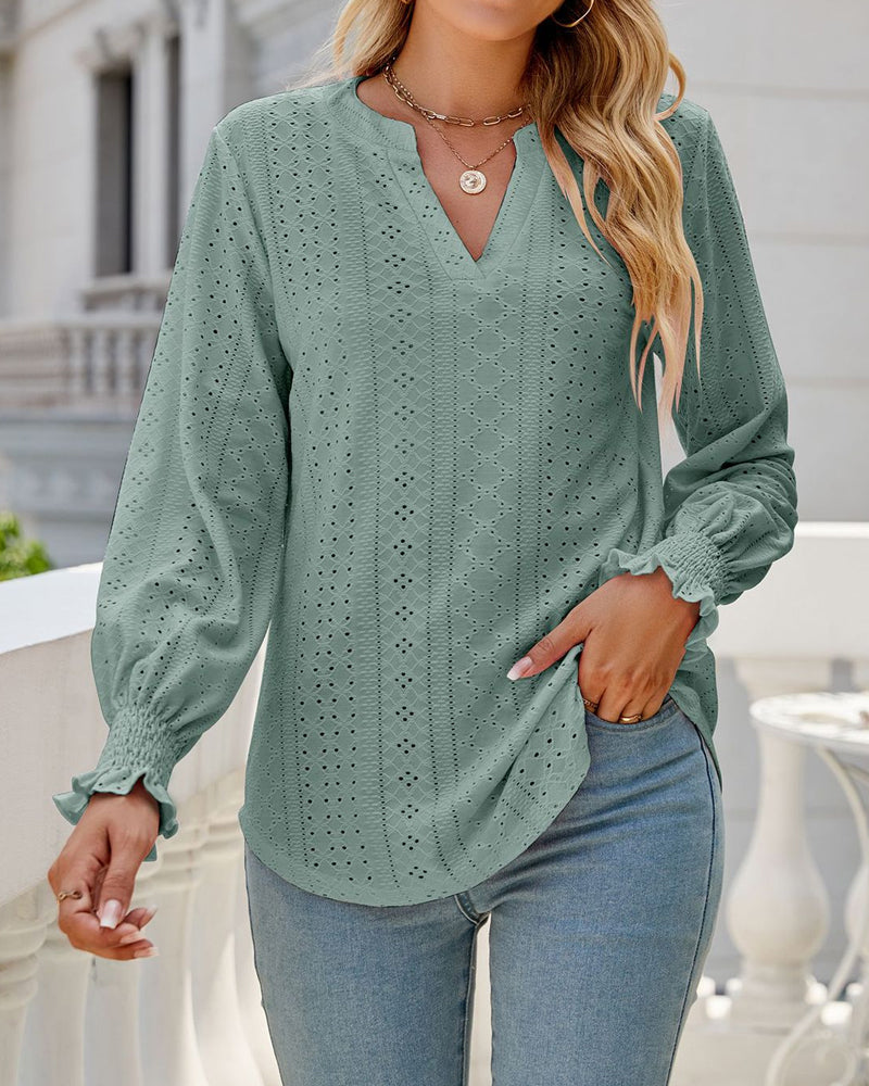 Casual blouse in één kleur met ruches aan de mouwen