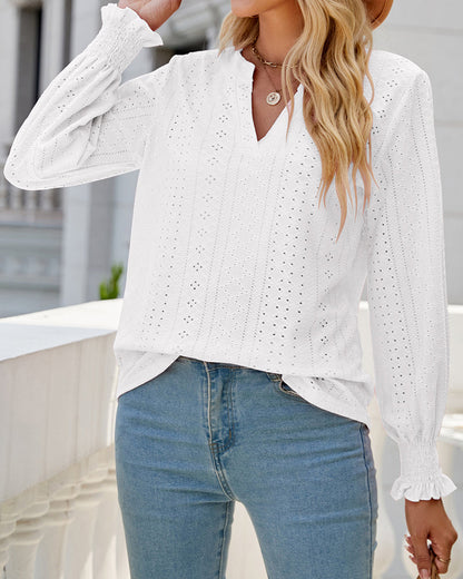 Casual blouse in één kleur met ruches aan de mouwen