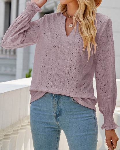 Casual blouse in één kleur met ruches aan de mouwen