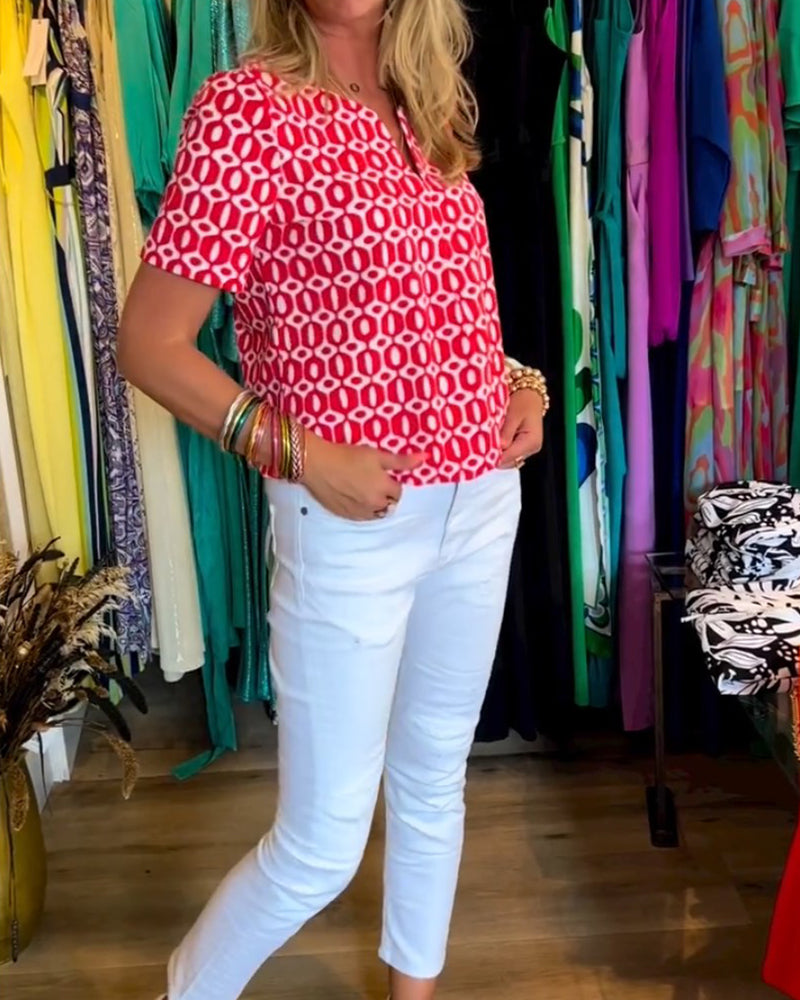 Bedrukte retro blouse met V-hals en korte mouwen