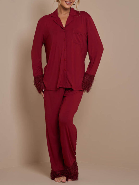 Pyjama Set met veren accent - Luxueus slaapcomfort