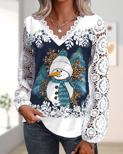 Blouse met kant en sneeuwpopmotief