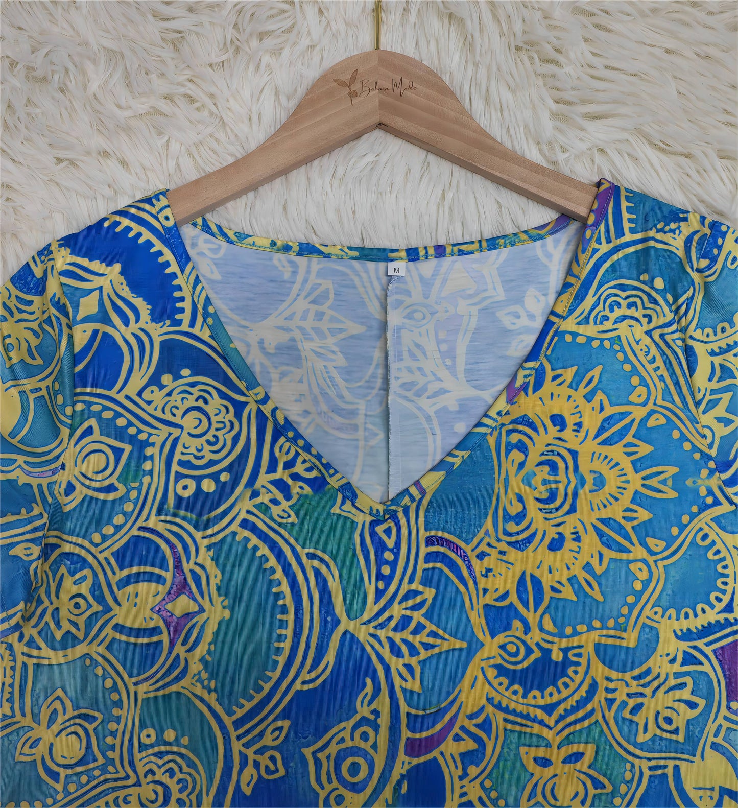 SpringStil® - Oceaanblauwe knielange mini jurk met mandala print en korte mouwen