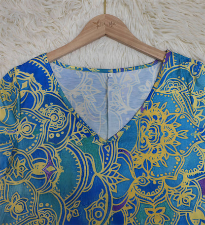 SpringStil® - Oceaanblauwe knielange mini jurk met mandala print en korte mouwen