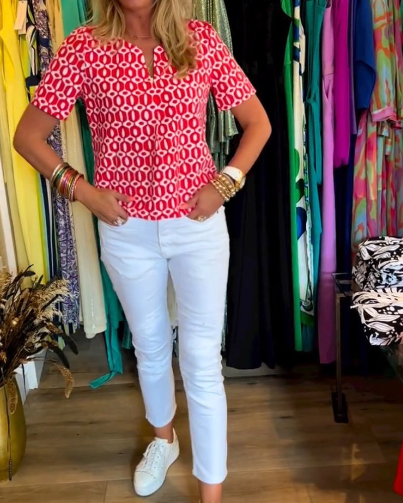 Bedrukte retro blouse met V-hals en korte mouwen