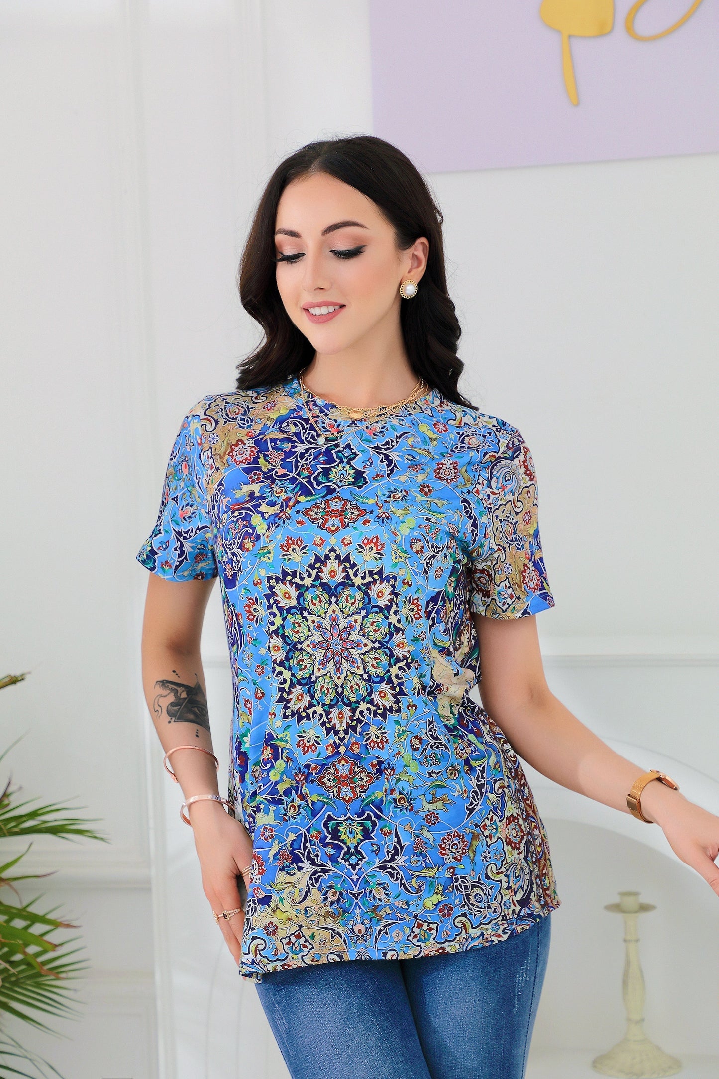 SpringStil® - Prachtige top met korte mouwen en blauwe print