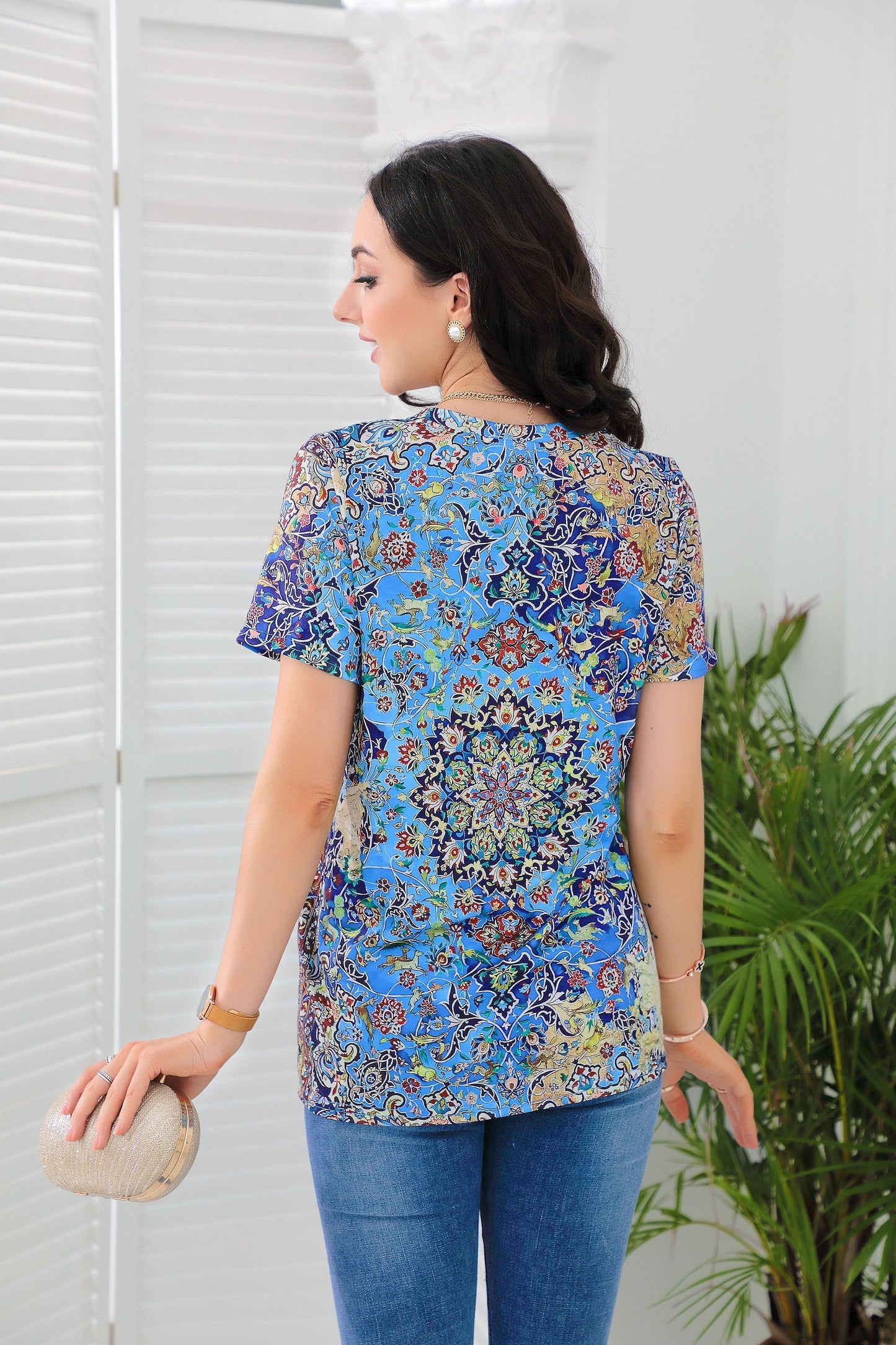 SpringStil® - Prachtige top met korte mouwen en blauwe print