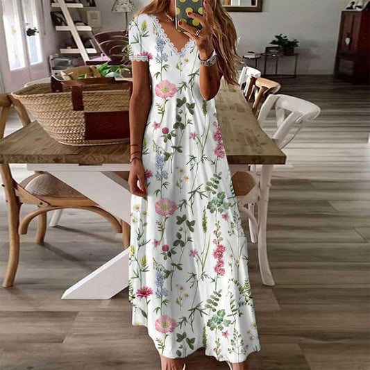 SpringStil® - Tuinprint V-hals Witte Maxi Zomerjurk