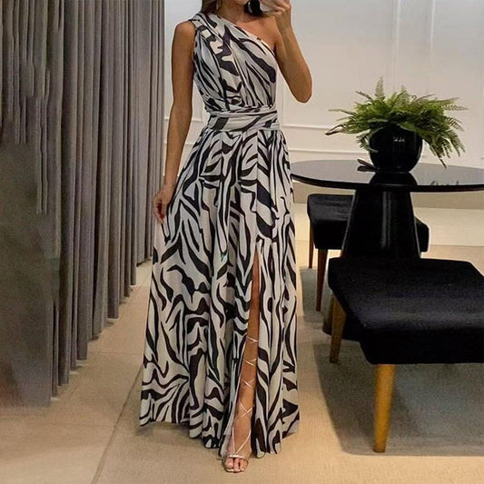 SpringStil® - Asymmetrische Maxi Dress met Voorsplit Wit Zwart Zebraprint