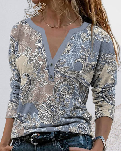 Shirt met lange mouwen, V-hals en paisleypatroon