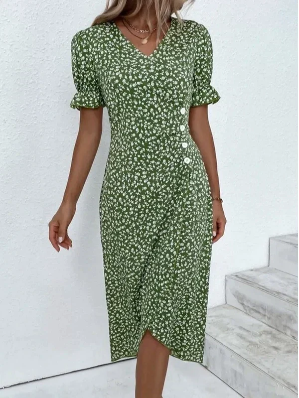 SpringStil® - Frisse groene midi-jurk met korte mouwen