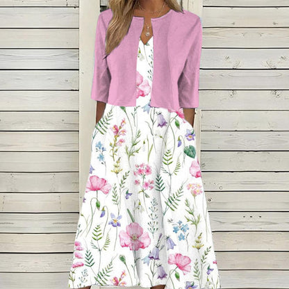 BlütenBliss® - Twofer witte midi-jurk met roze bloemenpatroon