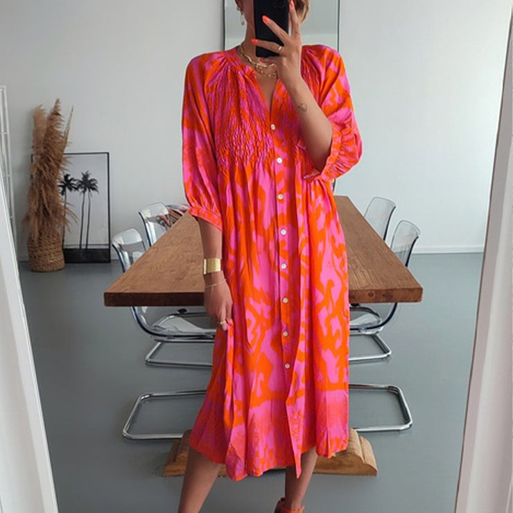 PureWear® - Roze en oranje midi-jurk met gerimpelde knoopsluiting