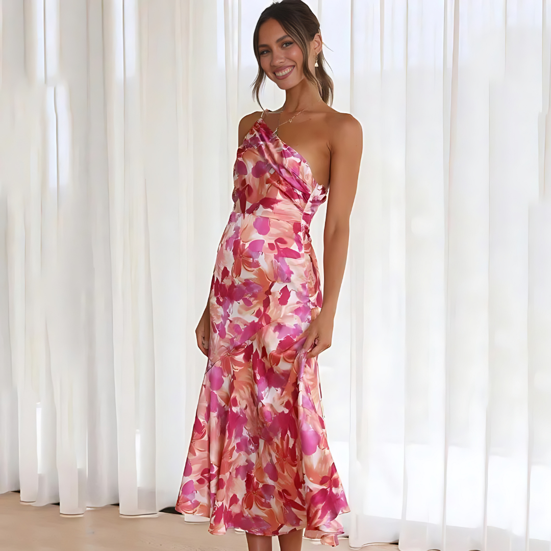 Roze gebloemde off-shoulder jurk - Noemi