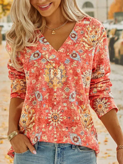 SpringStil® - Boho Zomerbloem Rood V-Hals Top