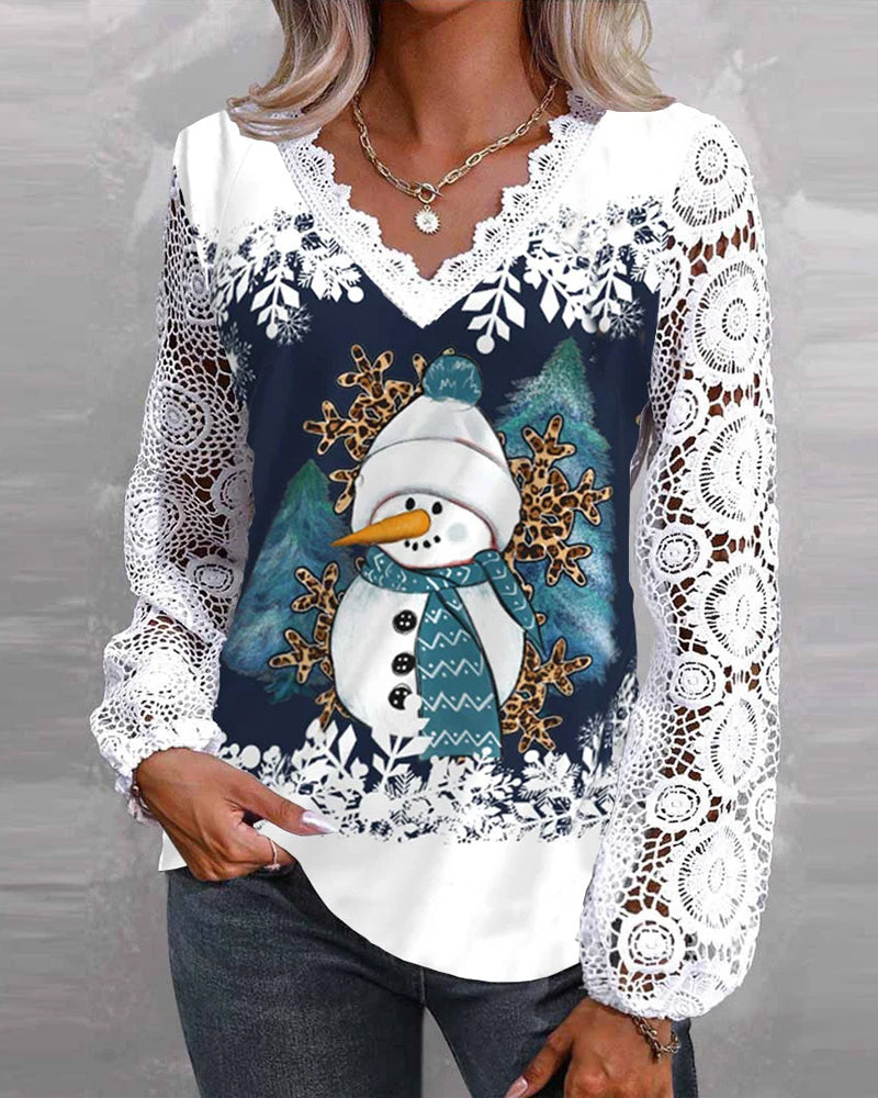 Blouse met kant en sneeuwpopmotief