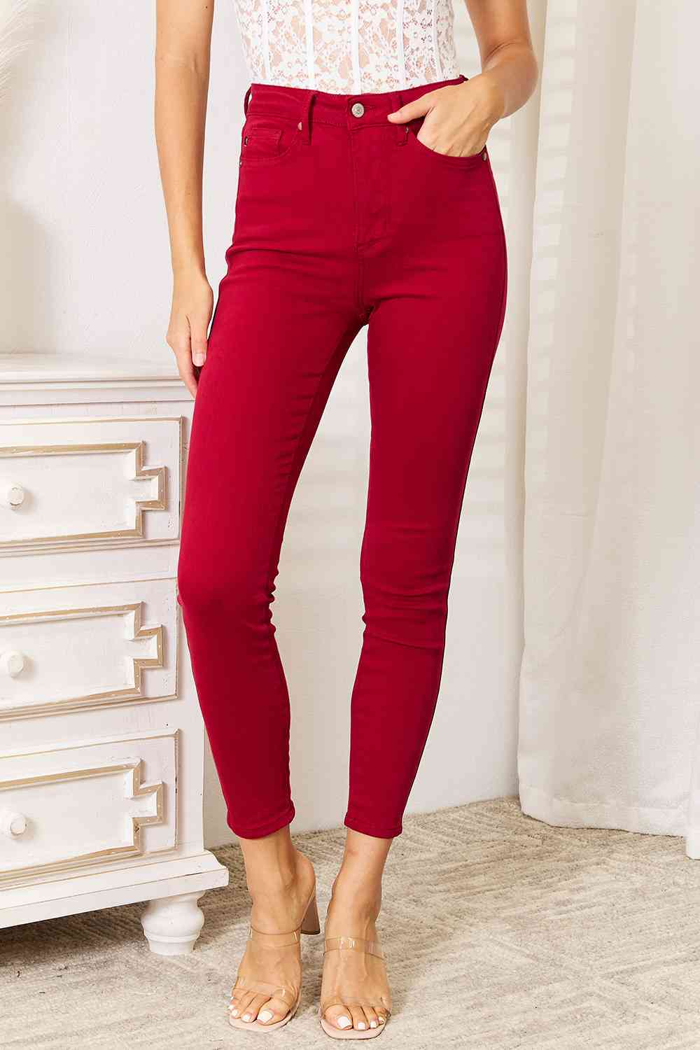 Samar - Rode skinny jeans met hoge taille