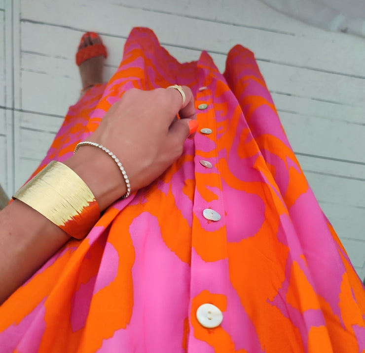 PureWear® - Roze en oranje midi-jurk met gerimpelde knoopsluiting