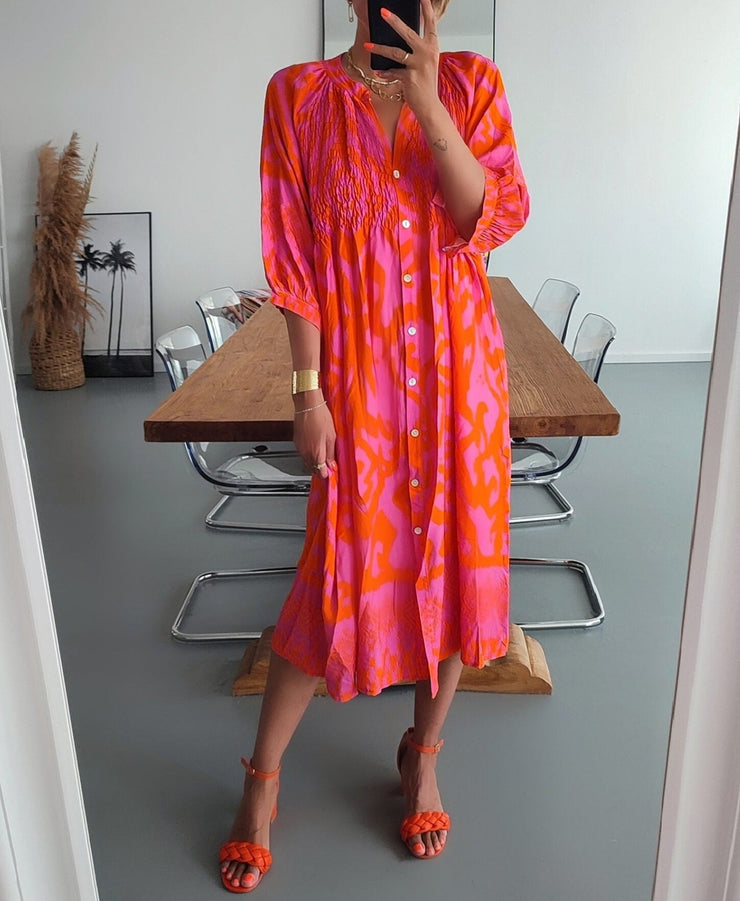 PureWear® - Roze en oranje midi-jurk met gerimpelde knoopsluiting