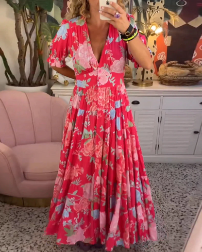 CHIARA VARILO - Elegante maxi-jurk met bloemenpatroon &amp; V-halslijn voor lente/zomer