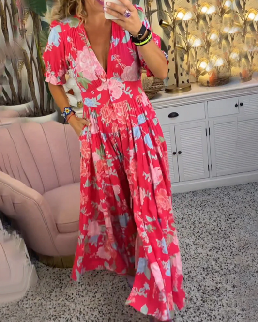 CHIARA VARILO - Elegante maxi-jurk met bloemenpatroon &amp; V-halslijn voor lente/zomer