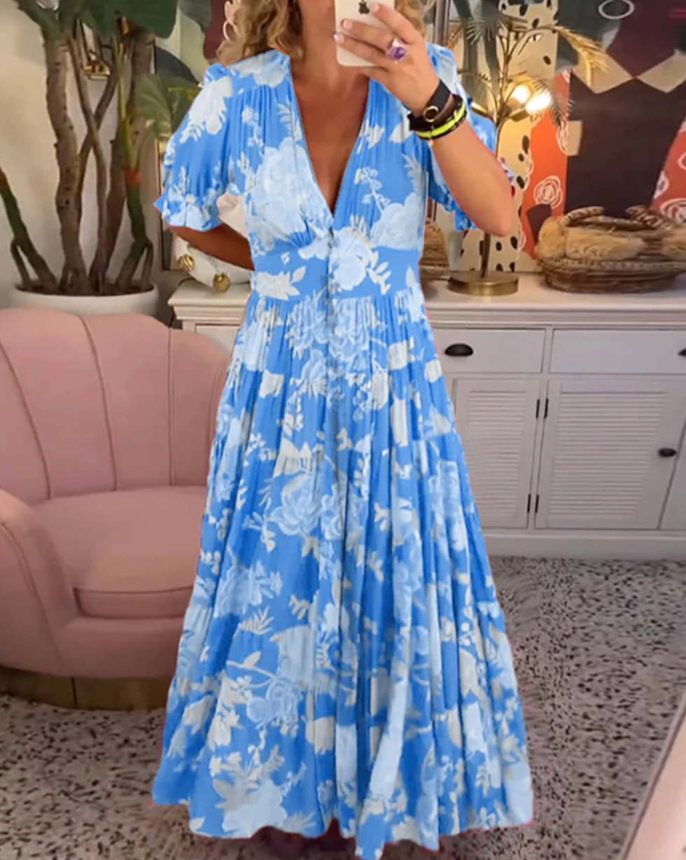 CHIARA VARILO - Elegante maxi-jurk met bloemenpatroon &amp; V-halslijn voor lente/zomer