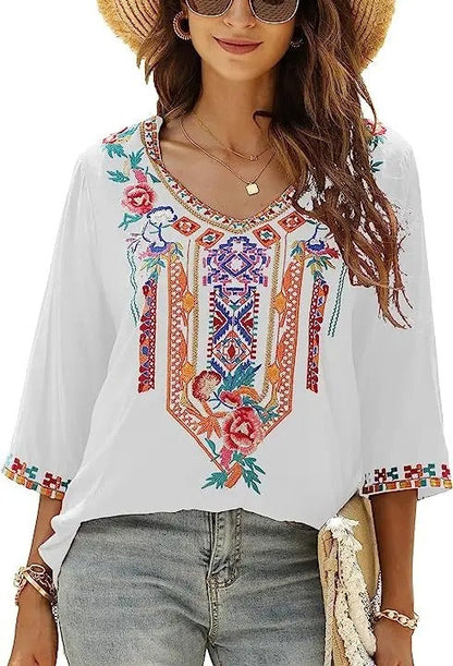 Elsa | Geborduurde Mexicaanse slim fit blouse