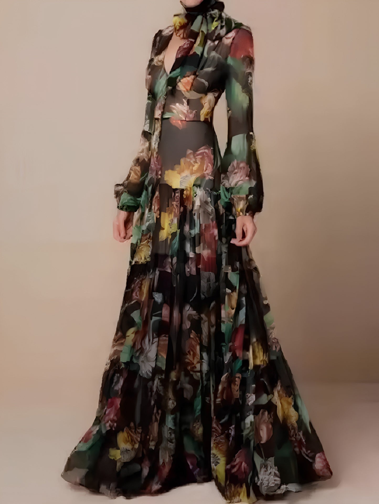 Eminda - Elegante chiffon jurk met lange mouwen en bloemenprint