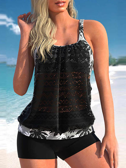 Plus Maat Kant Naaien Cyaan Bladprint Tankini Set