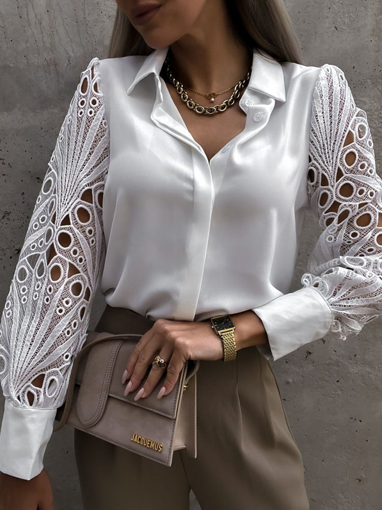 Witte sexy kanten blouse met vintage knoopsluiting en mesh ontwerp voor dames