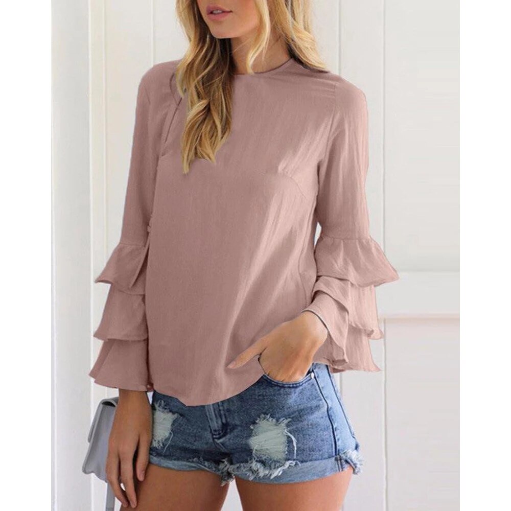 Sophie - Chique taupe blouse met ruches