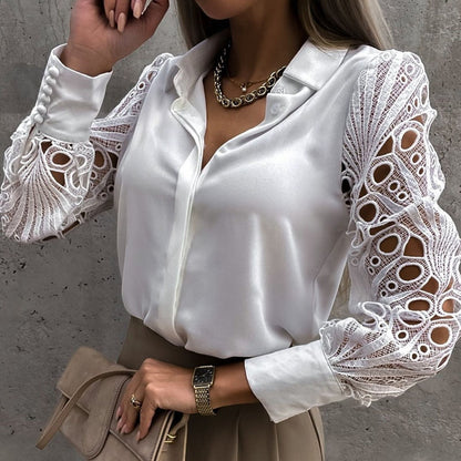 Witte sexy kanten blouse met vintage knoopsluiting en mesh ontwerp voor dames