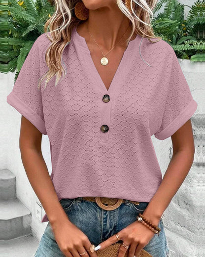 Casual, eenkleurige blouse met V-hals en knoop