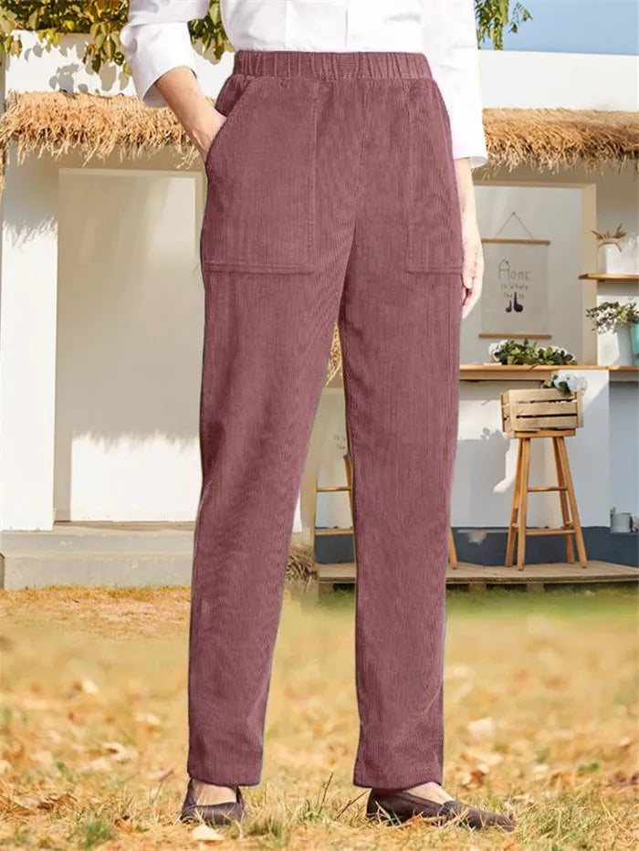 Effen casual broek met elastische tailleband en rechte pijp