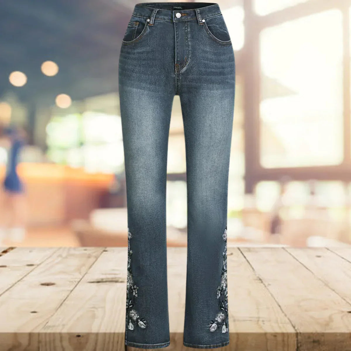 Yvonne Vintage casual denim flared broek met print