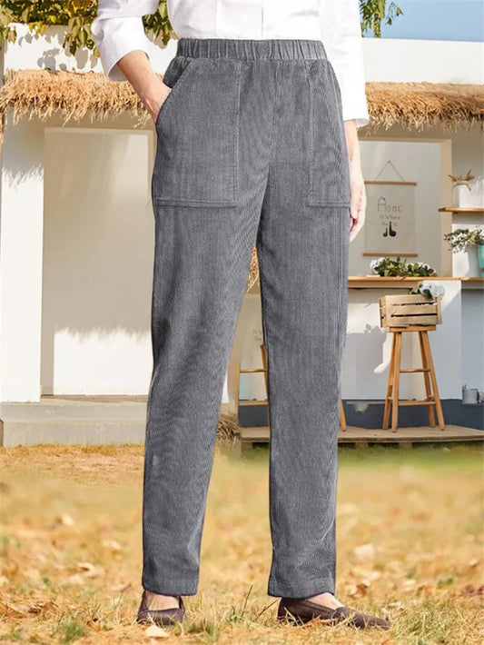 Effen casual broek met elastische tailleband en rechte pijp