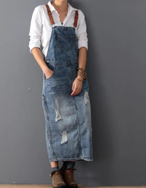 Romilly - Gescheurde denim overall jurk