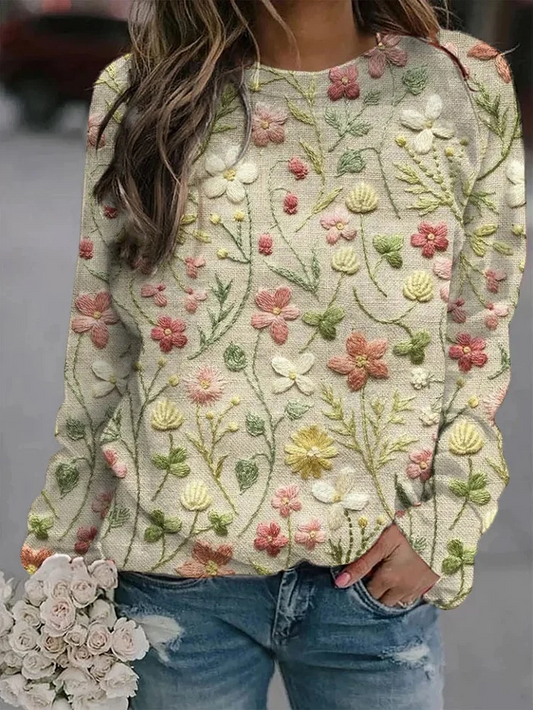 Daniela - Dames Sweatshirt met lange mouwen en bloemenborduurmotief met ronde hals