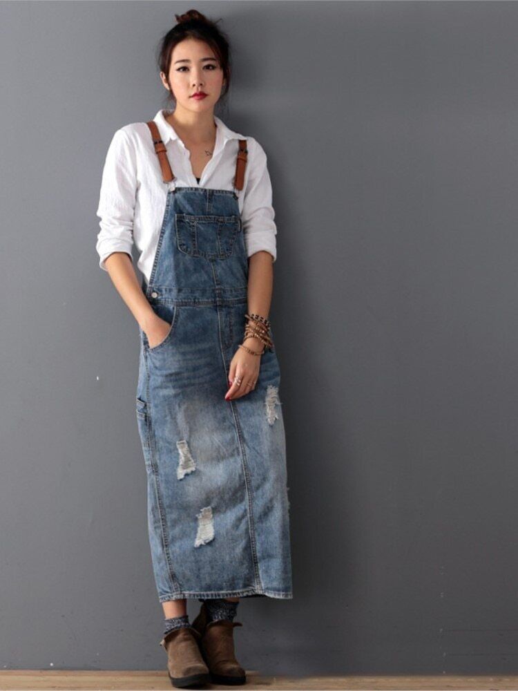 Romilly - Gescheurde denim overall jurk